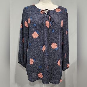 Bobeau Women's Navy Floral Blouse 3/4 Balloon Sleeves Size XL